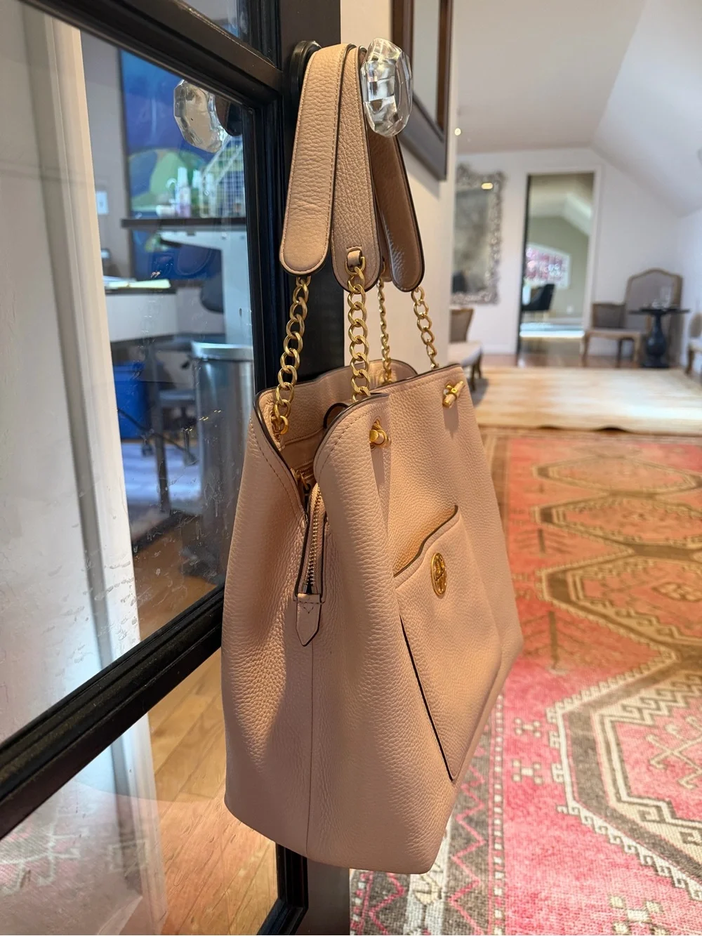 Tory Burch Blush Pink Pebbled Leather Shoulder Tote with Gold Chain Handles